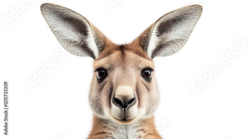 close-up of a kangaroo's face. highlighting its large ears and expressive eyes against a plain white background the focus on the animal's features evokes a sense of curiosity and connection to wildlif photo