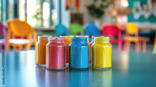 Vibrant glass jars of colorful paints on a table in an art studio with blurred chairs in the background showcasing a creative space atmosphere photo