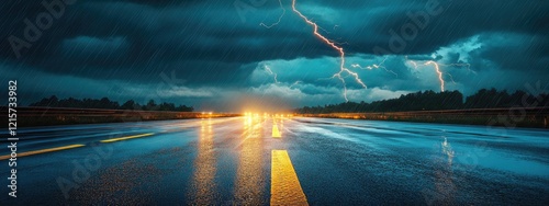 Dramatic thunderstorm with vivid lightning illuminating wet asphalt highway at night creating a moody atmospheric scene for text placement
