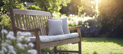 Wooden garden bench with soft cushions surrounded by lush greenery creating a serene atmosphere for relaxation and comfort in nature