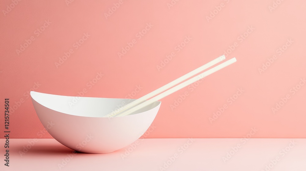 White wok-shaped paper bowl with chopsticks on soft pink pastel background creating a serene dining aesthetic in minimalistic style. White wok-shaped paper bowl with chopsticks on soft pink pastel background creating a serene dining aesthetic in minimalistic style.