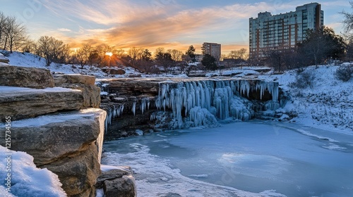 Sunset over frozen waterfalls and ice formations at Falls Park surrounded by winter landscape and urban skyline in the background photo