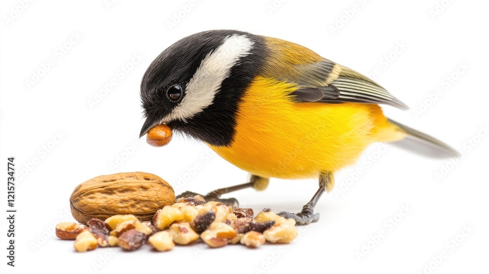 Obraz premium Black capped Chickadee perched on white background enjoying nut snack during winter feeding season