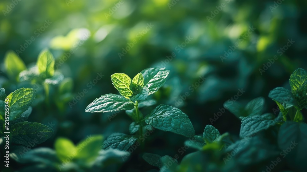 Lush Green Mint Leaf Close-Up in Garden with Soft Natural Light and Copyspace for Text Lush Green Mint Leaf Close-Up in Garden with Soft Natural Light and Copyspace for Text