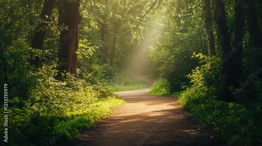 Fototapeta premium Serene forest pathway illuminated by sunlight with lush greenery and inviting atmosphere for peaceful exploration