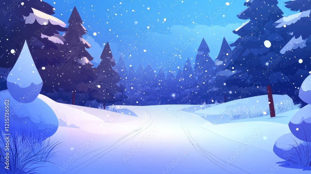 Naklejka premium Winter Forest Landscape with Snowy Trees and Scenic Road Under Blue Sky Ideal for Text Overlay in Seasonal and Nature Themes