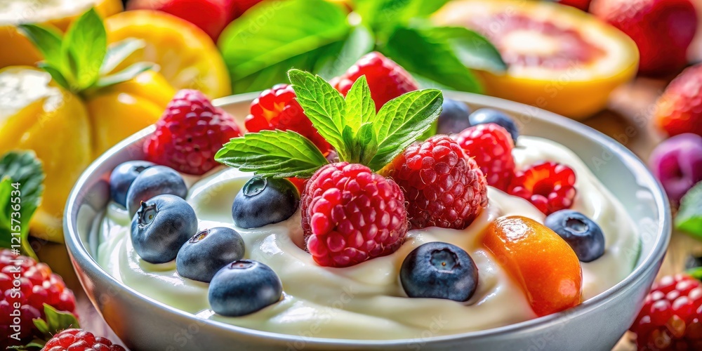 Macro Photography: AI Generated Yogurt with Fruit, Delicious Close-Up, Creamy Texture, Vibrant Colors, Healthy Snack