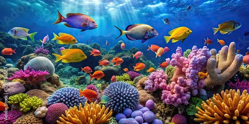 colorful coral reef scene with schools of fish swimming in the ocean, underwater world, marine life, marine ecosystem, reef