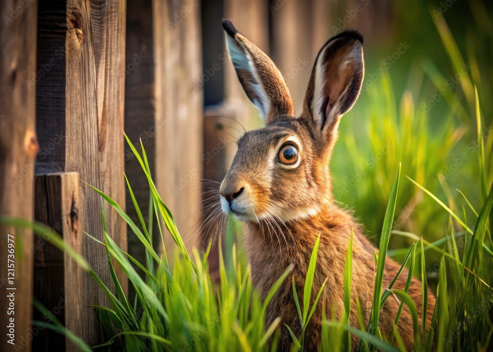 Obraz premium Minimalist Hare Hiding in Grass, Fence Photography - Wildlife Nature Scene
