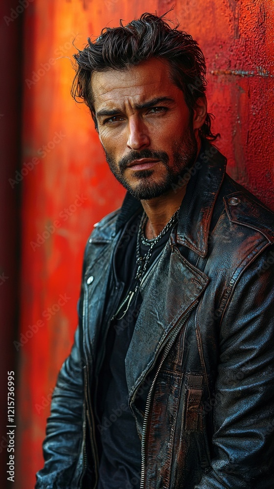Fototapeta premium Intense Portrait of a Man in a Black Leather Jacket Against a Red Wall