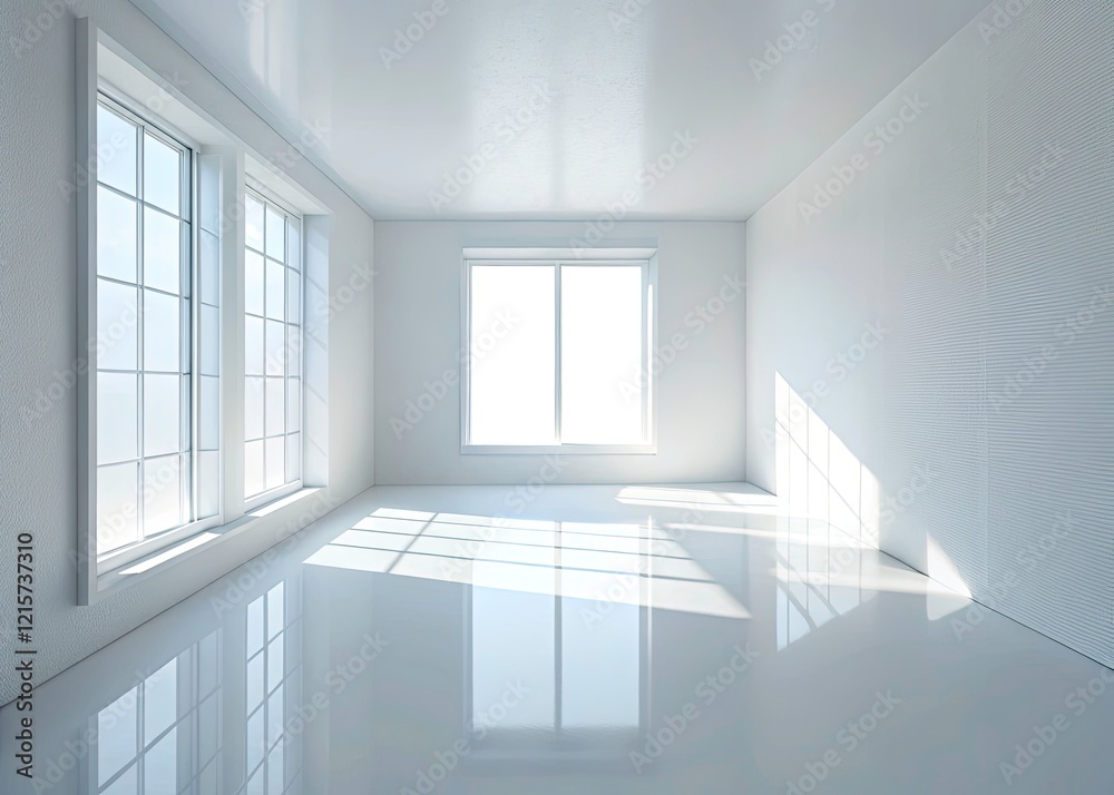 Fototapeta premium Minimalist White Room Photography: Soft Light, Shadow, Interior Design, White Wall, White Floor, Window Light, Architectural Photography