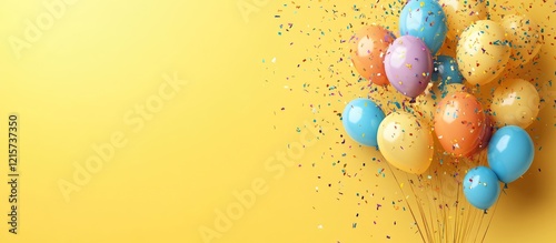 40th Birthday Celebration with Colorful Balloons and Confetti on Vibrant Yellow Background with Space for Custom Text and Messages photo