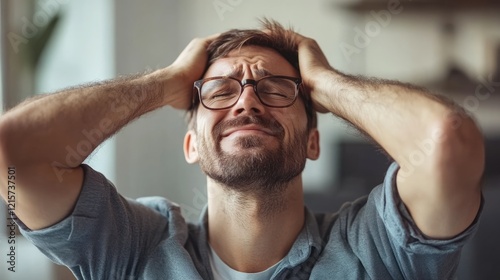 Relaxed man expressing emotional stress and burnout while indoors with empty copy space for text in a serene environment