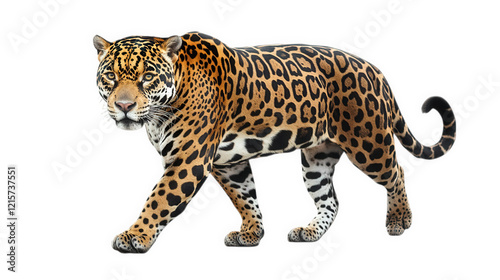 majestic jaguar walking gracefully. showcasing its distinctive coat with bold rosettes and a strong physique the background is plain white. emphasizing the jaguar's striking appearance and highlightin photo