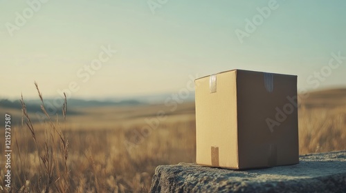 Empty cardboard box on stone in open field symbolizing delayed online shopping deliveries with copy space for text. photo