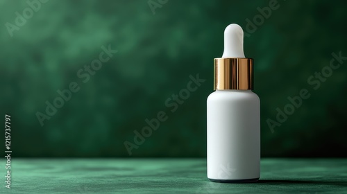 Cosmetic Essence Skin Care Dropper Bottle on Textured Green Surface with Neutral Background and Subtle Lighting photo