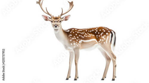 standing deer with antlers and distinctive spotted fur. set against a plain white background. highlighting its features and form the focus on the deer suggests a purpose related to wildlife photograph photo