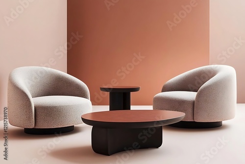 Sculptural Swivel Armchairs & Organic Coffee Tables in Minimalist Interior