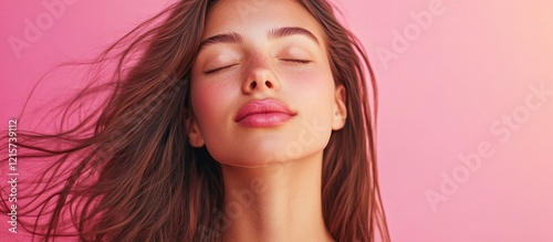 Portrait of a serene young woman with long brunette hair against a soft pink background conveying tranquility and beauty with copyspace for text photo