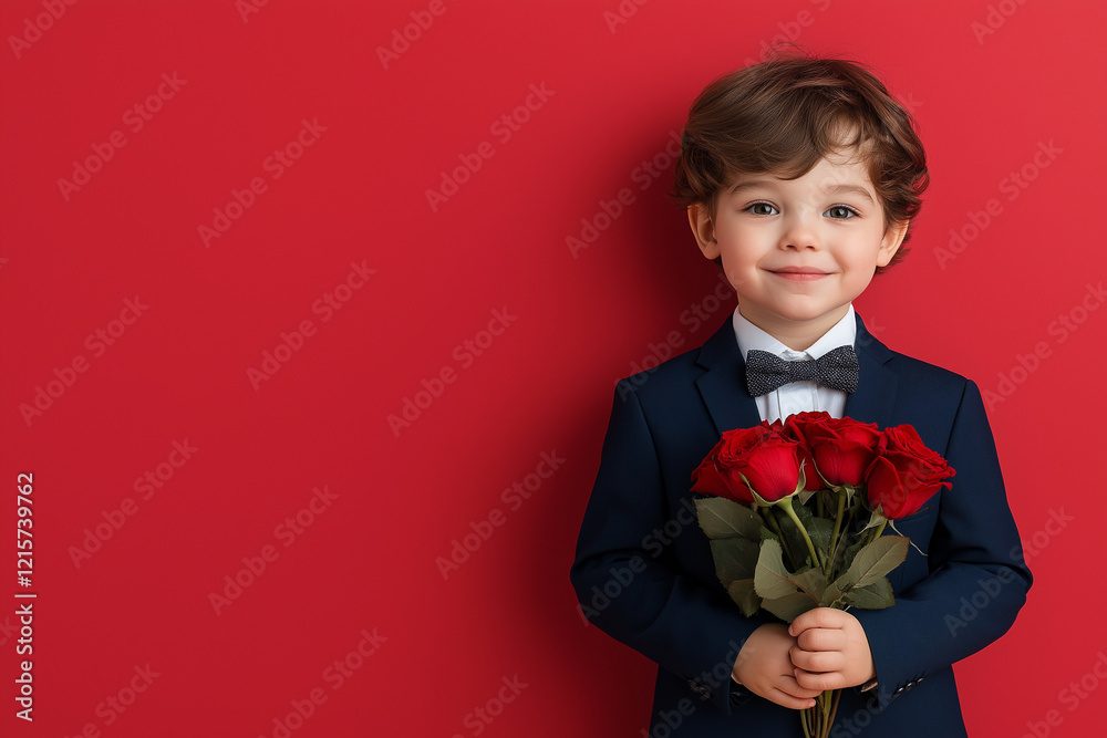 Charming Young Boy Holding Red Roses Against Vibrant Red Background Charming Young Boy Holding Red Roses Against Vibrant Red Background