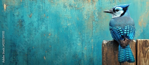 Vibrant blue jay perched on a wooden fence against an abstract turquoise background with space for text and captions photo