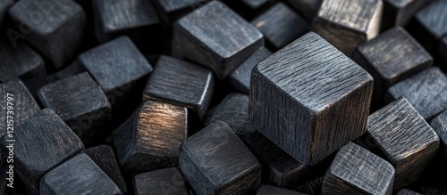 Black wooden cubes in a chaotic arrangement featuring a standout block with ample empty space for text or branding.