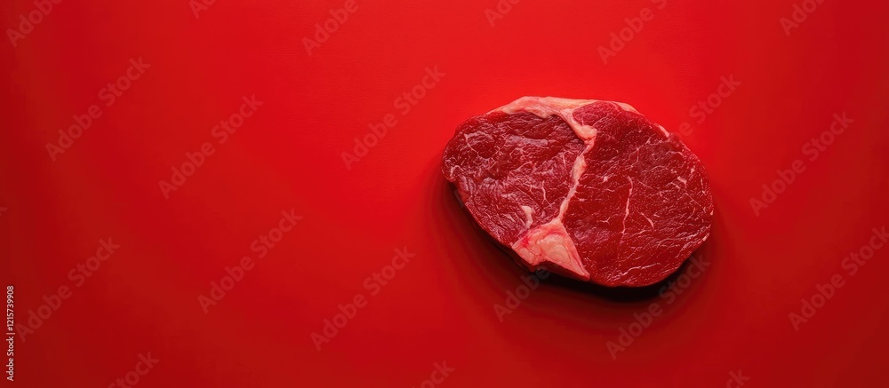 Fototapeta premium Minimalist Red Background Featuring a Raw Meat Steak Display with Text Space for Culinary or Food Product Promotions