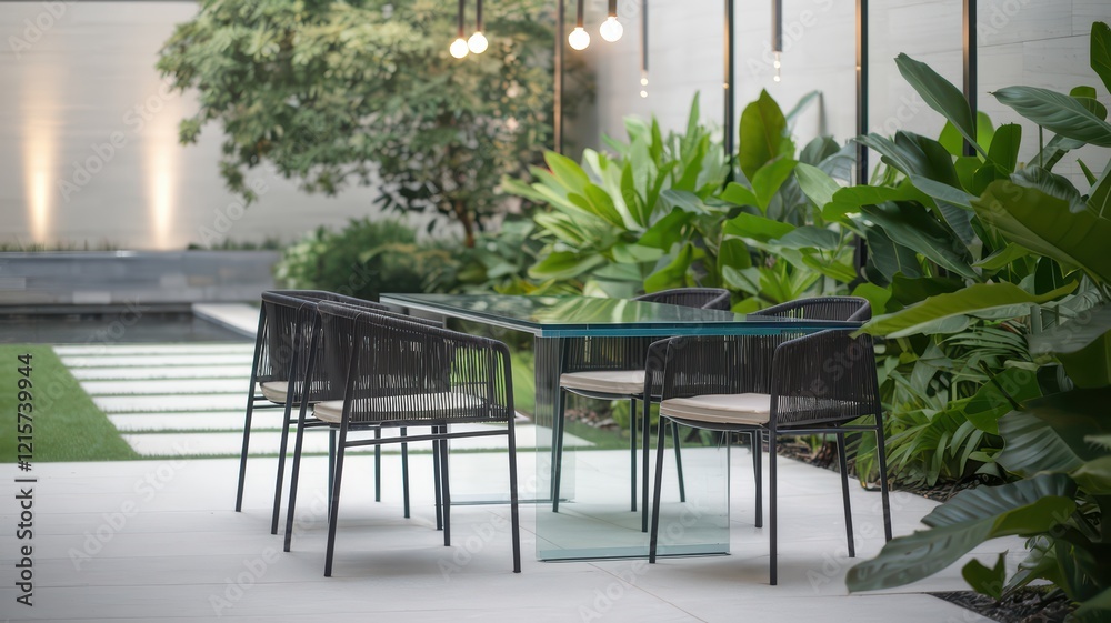 Fototapeta premium Outdoor dining set in lush garden setting