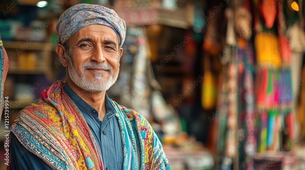 Authentic portrait of a Muslim shopkeeper in traditional attire highlighting cultural heritage within a bustling marketplace environment Authentic portrait of a Muslim shopkeeper in traditional attire highlighting cultural heritage within a bustling marketplace environment