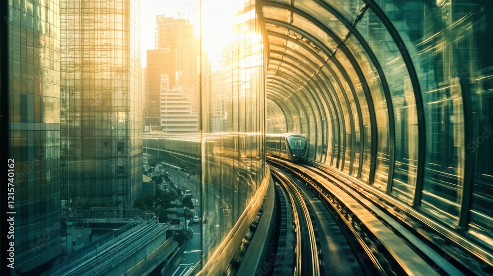Fototapeta premium Urban Train Journey Through a Glass Tunnel with Sunlight Shining in a Modern City, Capturing the Essence of Progress and Technology in Urban Transportation