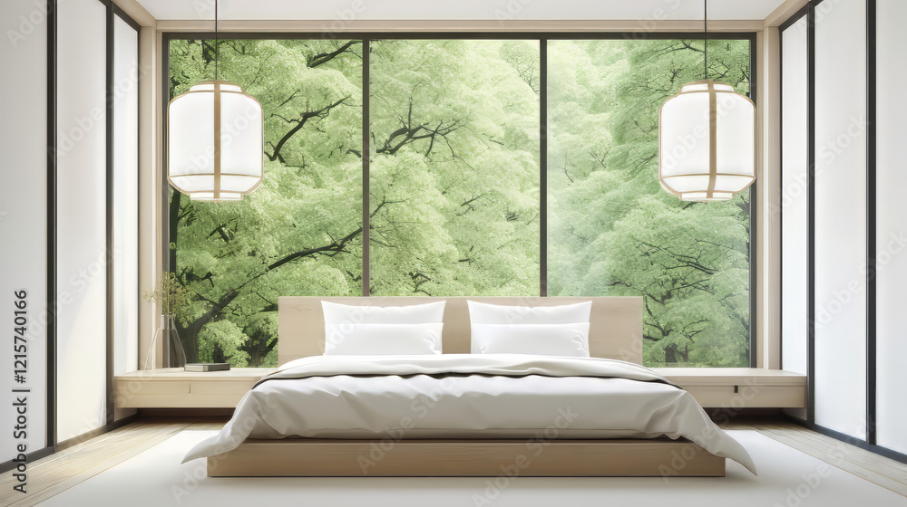 Fototapeta premium A minimalist bedroom featuring a sleek bed with white bedding, floating wooden shelves