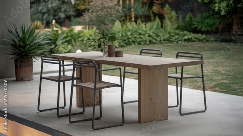 Outdoor dining set with wooden table and metal chairs