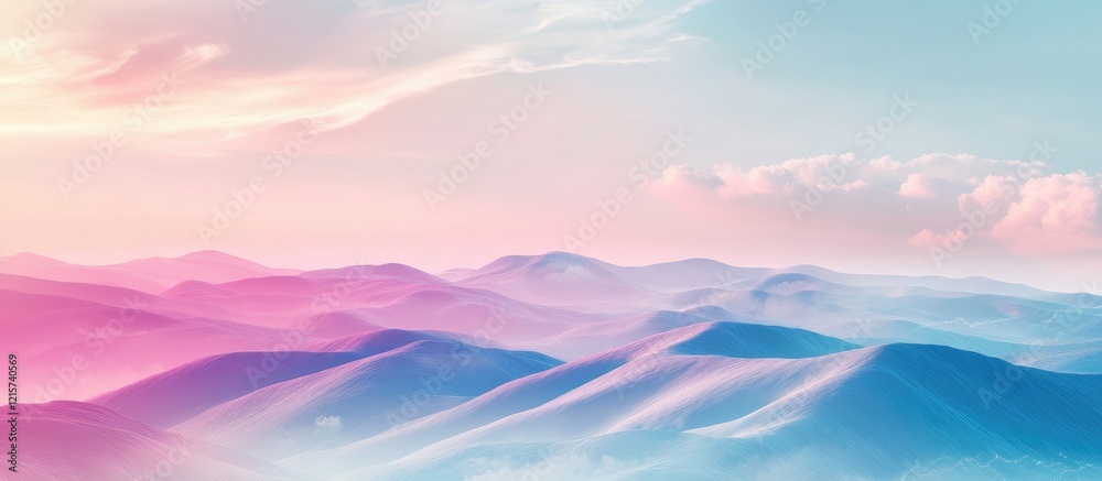 Dreamy Aerial View of Abstract Landscape with Pastel Sky Clouds and Rolling Hills Featuring Space for Text and Customization Dreamy Aerial View of Abstract Landscape with Pastel Sky Clouds and Rolling Hills Featuring Space for Text and Customization