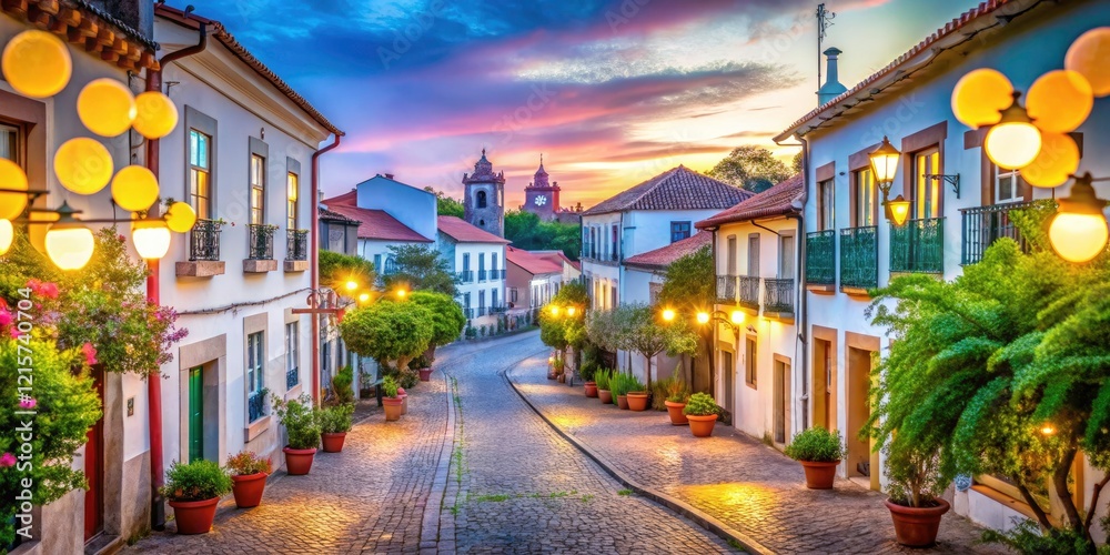 Obraz premium Bokeh Effect of Alcacer do Sal's Charming Streets and Historic Architecture in Portugal's Quaint Village