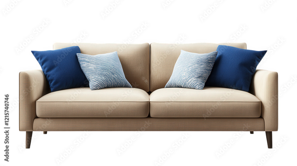 Fototapeta premium modern. stylish beige sofa with two blue decorative pillows. designed for comfort and aesthetic appeal in a living space it showcases a minimalist design. suitable for contemporary home decor. emphasi