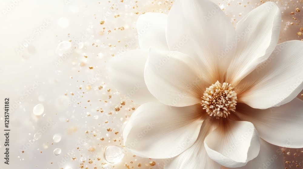 Delicate white flower with golden pollen on a gentle background symbolizes natural beauty and eco-friendly skin care essence. Delicate white flower with golden pollen on a gentle background symbolizes natural beauty and eco-friendly skin care essence.