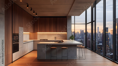 Modern kitchen with floor-to-ceiling windows offering a city view.