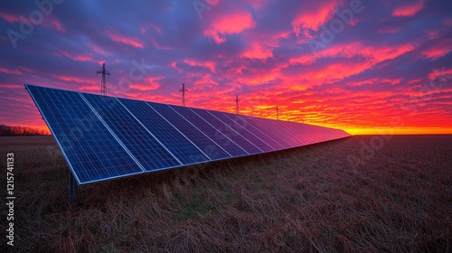 Solar panels at sunset, energy field, renewable power