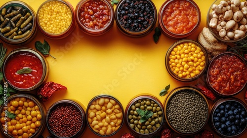 Wallpaper Mural Assorted canned foods arranged in a circular frame on a vibrant yellow background showcasing various preserves and delicacies for food concept. Torontodigital.ca