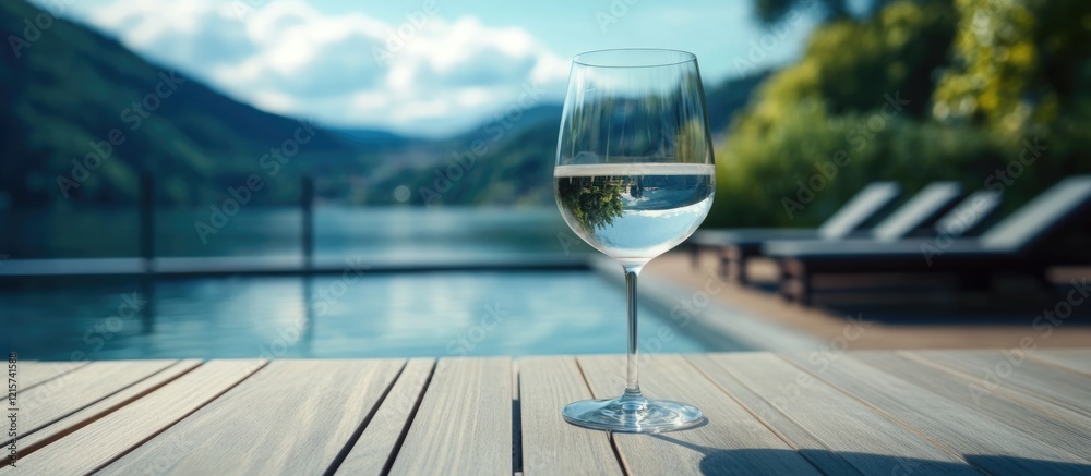 Obraz premium Glass of water on wooden terrace with serene outdoor view representing refreshment and relaxation ideal for wellness and lifestyle themes