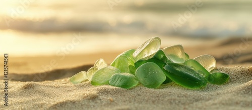 Green sea glass on sandy beach at sunset providing empty space for text or graphics showcasing natural coastal beauty and tranquility photo