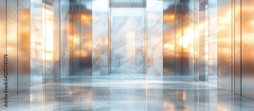 Elegant marble elevator interior with polished glass reflections creating a spacious and modern atmosphere for brand promotion or design projects