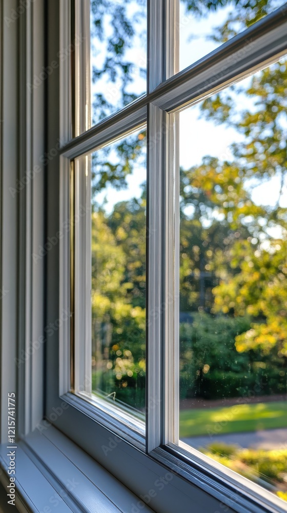 Fototapeta premium Grey window frame showing a blurred outdoor view