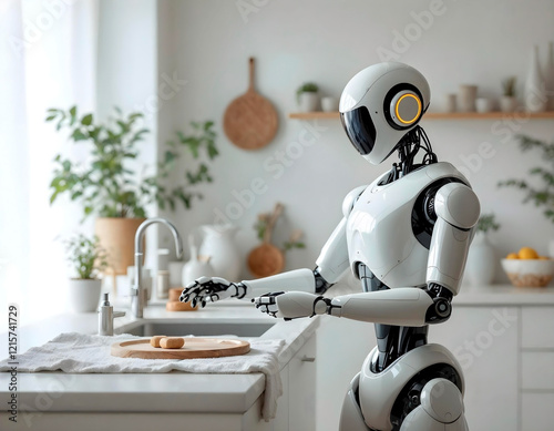 Domestic robots assisting with daily chores in a sleek, minimalist home.