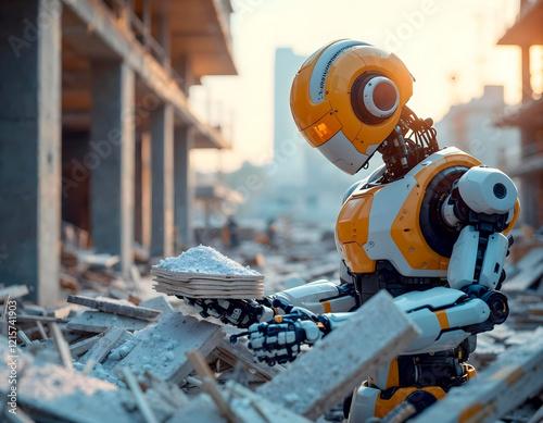 A construction robot lifting materials at a modern construction site.