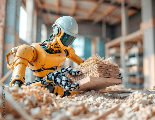 A construction robot lifting materials at a modern construction site.