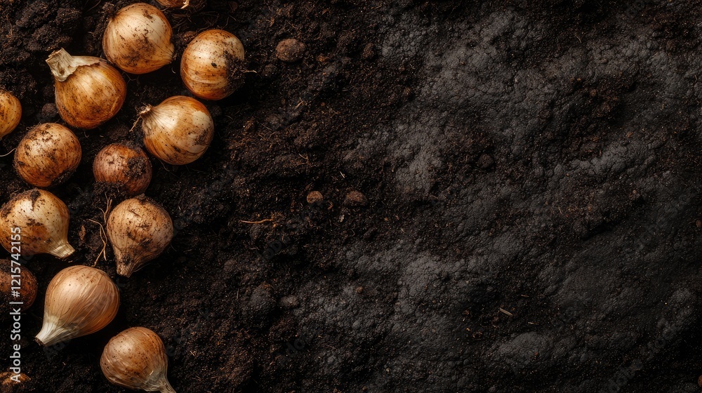 Obraz premium Aged flower bulbs nestled in rich dark soil ready for winter planting featuring organic textures and spacious area for text placement