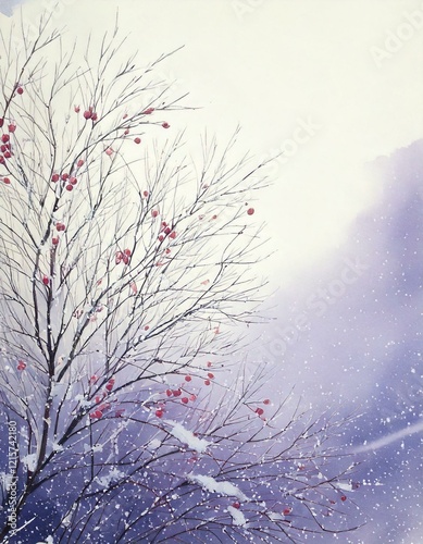 watercolour background with winter tree and snow, christmas card, backdrop, nature pattern 