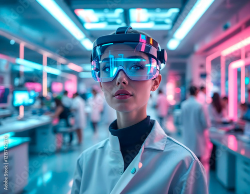 A futuristic research center with holographic screens and advanced AI systems, in a realistic and stylized setting.