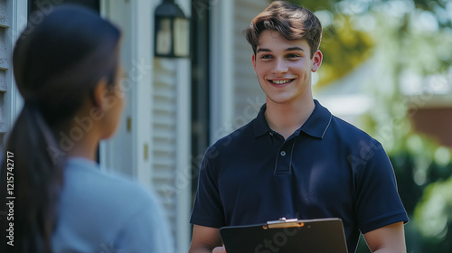 Young Professional Interacting Confidently During a Front Door Visit in the Daytime